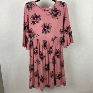 Brass & Roe Called to Surf Dress Small Pink Rose Floral Mauve 3/4 Sleeve Midi